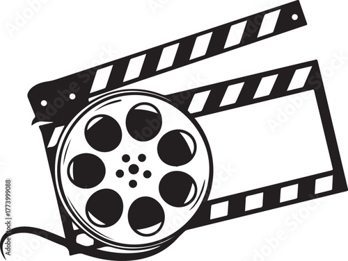 Striking film slate with reel icon in bold graphic style for cre