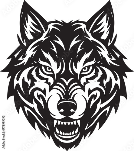 Intricate tribal wolf emblem, stylized predator design for moder
