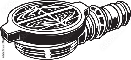 Stylized black and white graphic of a radiator cap with tribal d