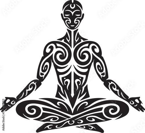 Stylized tribal art illustration of a meditating figure in lotus