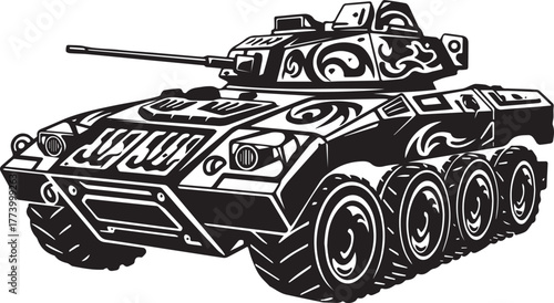 Stylized Combat Vehicle Silhouette Decorated with Tribal Tattoo