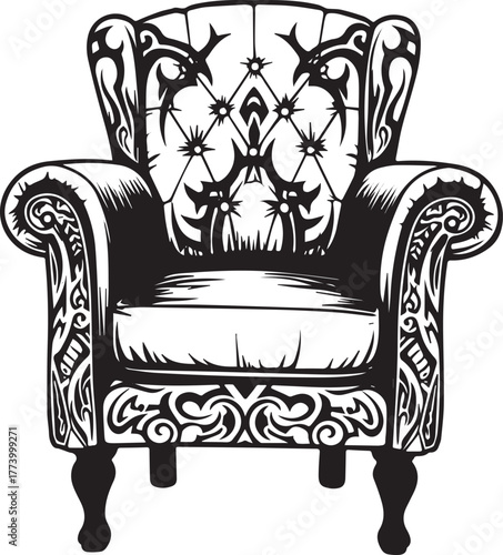 Ornately decorated wingback chair featuring tribal-inspired patt