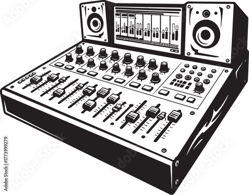 Monochrome DJ audio console capturing the essence of music produ