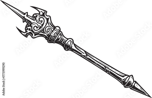 Intricate monochrome illustration of a ceremonial scepter with o