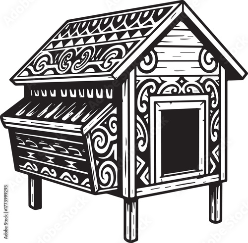 Intricate Tribal Design Chicken Coop Illustration with Ornate Ca