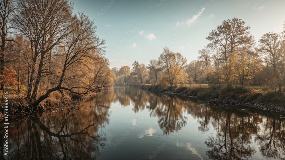 Obraz premium Autumn scene with trees along a calm river reflecting the sky and foliage. Nature landscape with water and seasonal trees in fall.