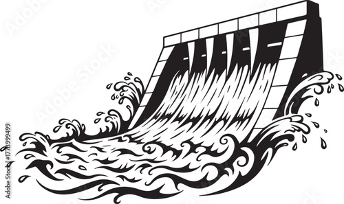 Stylized hydropower dam illustration with ornate water flow desi