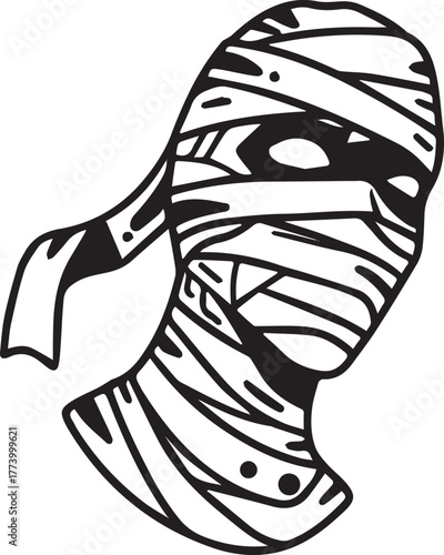 Stylized Mummy Head with Tribal Bandages, Black and White Vector