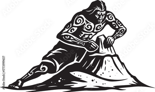 Monochrome depiction of a sculpted figure adorned with tribal ar