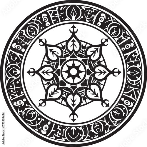 Intricate circular occult emblem with mystic symbols and abstrac