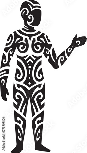 Stylized Figure Adorned with Tribal Motifs for Artistic and Cult