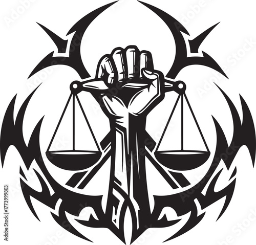 Stylized justice scales held by a fist amidst tribal ornamentati