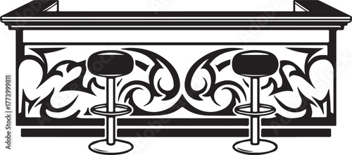 Bar counter with stools and tribal art accents in a bold monochr