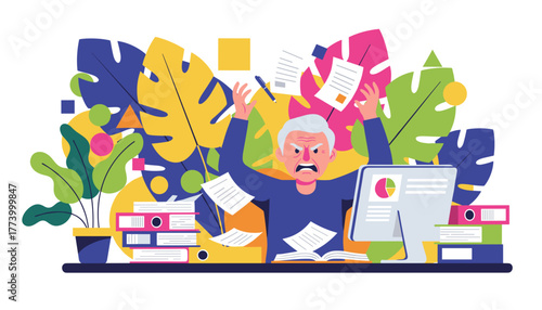Overwhelmed senior worker screaming among chaotic paperwork Stress and workload concept