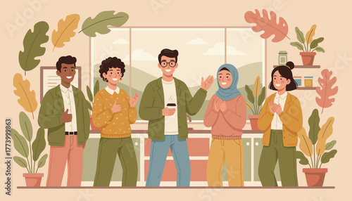 Diverse team smiling in a modern plantfilled office Collaboration and professional welcome