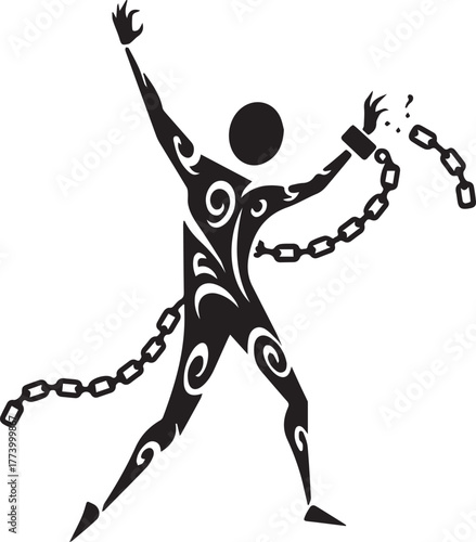 Stylized figure breaking free from chains, symbol of liberation