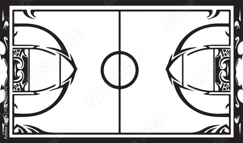 Ornate Tribal Style Court Design with Geometric Elements and Art