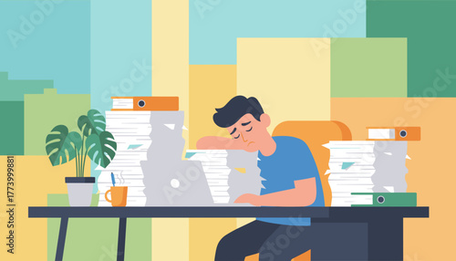 Stressed employee suffering from burnout sleeping on huge piles of paperwork at work