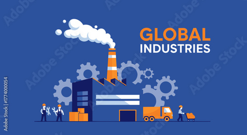 Global manufacturing industry illustration with factory logistics gears and workers concept
