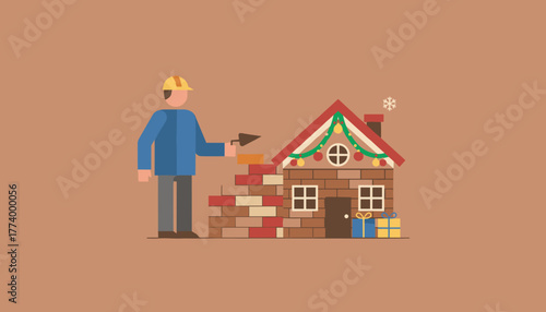 Builder constructing a festive brick house Home improvement real estate winter construction concept