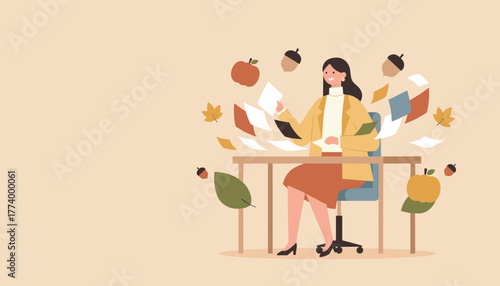 Professional woman working at desk with flying documents and autumn seasonal symbols
