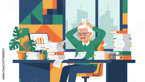 Stressed senior employee drowning in paperwork and excessive office workload
