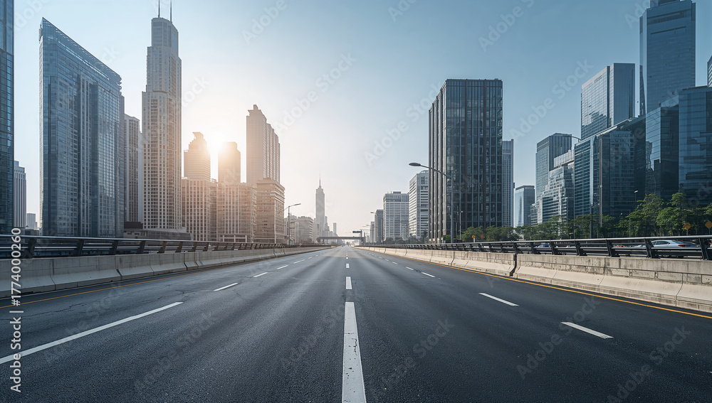 Fototapeta premium Empty highway leading towards a modern city skyline under a bright sky
