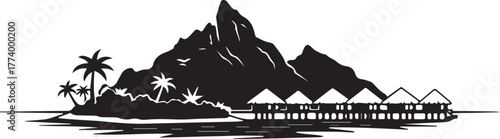 Idyllic Polynesian scenery featuring bungalows, island, and moun