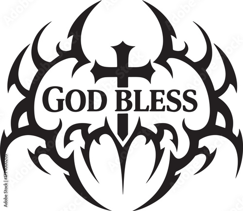 God Bless typography within tribal tattoo design for faith-based