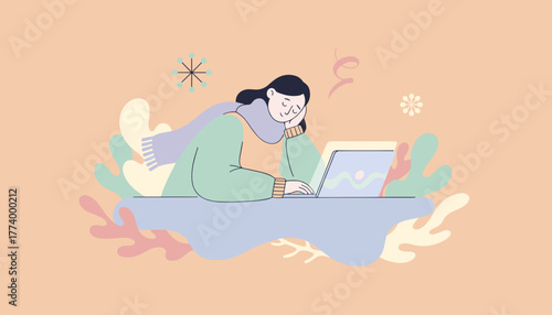 Cozy woman freelancer working on laptop at home in winter Flat vector illustration