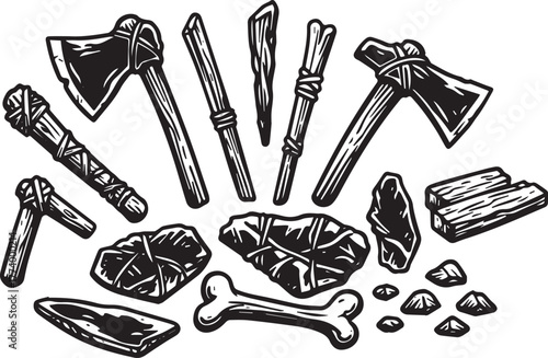 Primitive Tool Set Graphic Illustration: Axes, Spears, Flint and