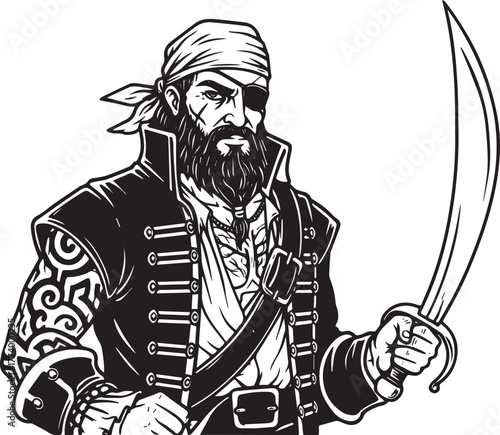 Intricate line artwork featuring a formidable pirate with distin