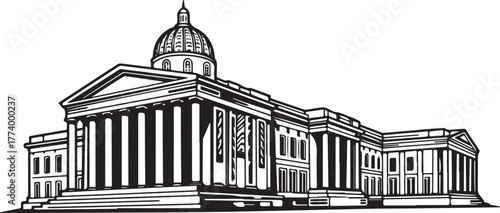 Monochrome illustration depicts a grand government building faca