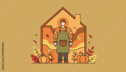 Fall harvest worker in apron inside a stylized home shape with pumpkins Autumn farming illustration