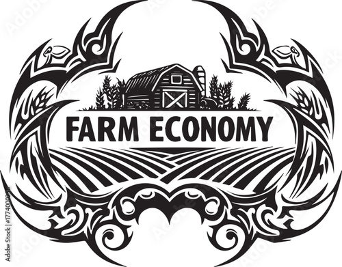 Stylized graphic showcasing a tribal-inspired farm economy icon