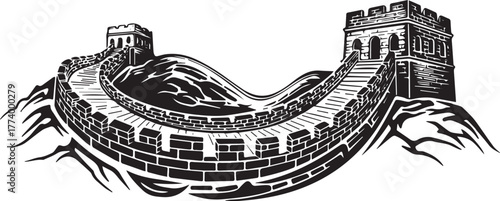 Monochrome illustration depicting the Great Wall of China vector