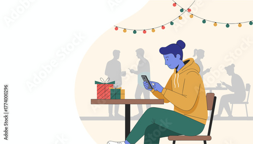 Illustration of a person scrolling on a smartphone near holiday gifts in a festive public space