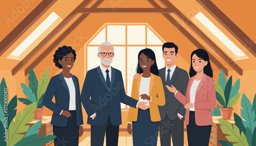 Smiling diverse business team in a bright modern loft office Collaboration and professional growth