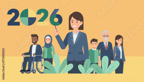 Diverse global team and businesswoman aiming for 2026 goals Inclusion and progress illustration