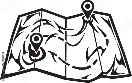 Stylized Route Map Icon Artwork with Black and White Tribal-Insp