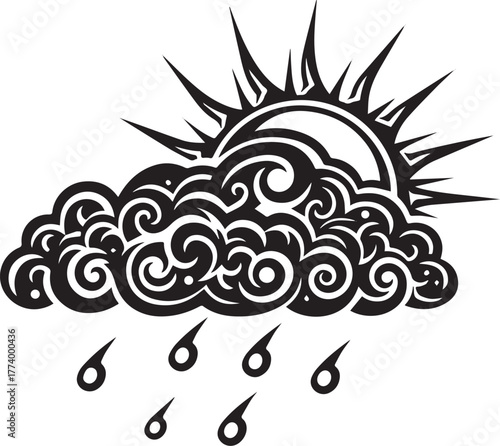 Stylized partly sunny icon with swirling cloud and rain vector i