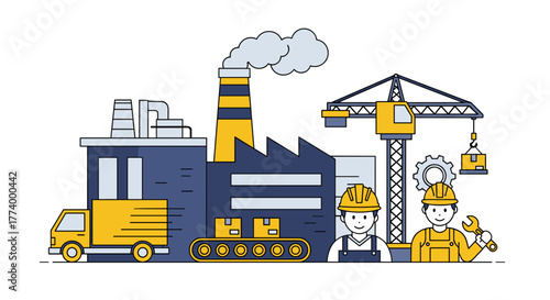 Factory production illustration workers crane delivery truck and conveyor belt logistics
