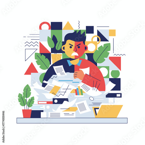 Stressed man overwhelmed by paperwork and excessive workload in a chaotic business environment