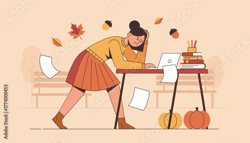 Stressed studentworker suffering burnout while working on a laptop outside in autumn Deadlines concept