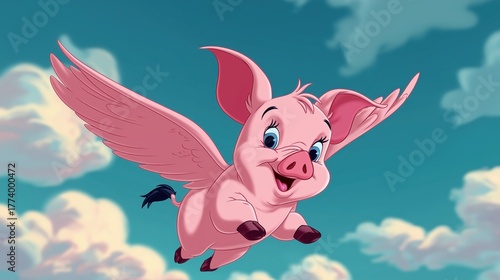 Cute flying pig with golden wings soaring joyfully through the blue sky and fluffy clouds, symbolizing imagination, freedom, and happiness.
