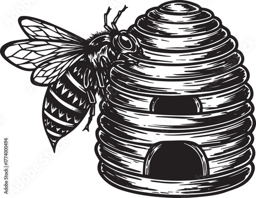 Detailed graphic depiction of a bee tending a traditional beehiv