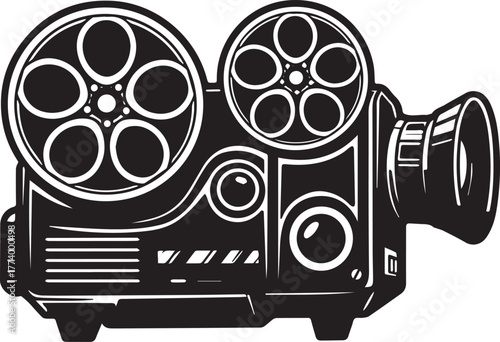 Vintage Movie Projector Silhouette Icon, Film Reels, Cinematic E
