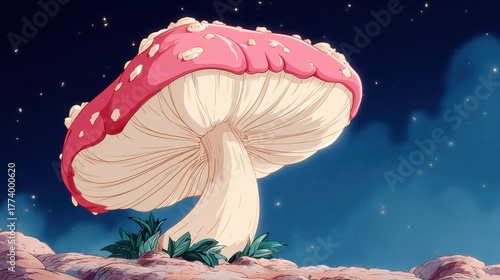 Cute animated mushroom creature sitting by a calm forest river under a red cap,