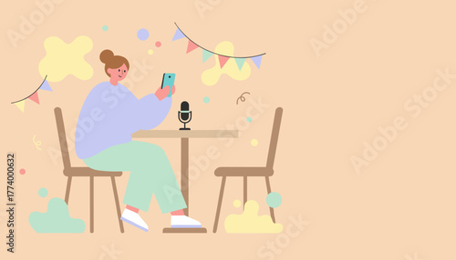 Illustrated woman recording podcast or streaming content with smartphone and microphone icon