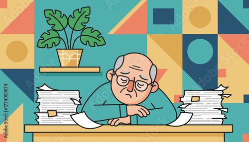Stressed elderly man slumped on desk overwhelmed by paperwork and massive workload